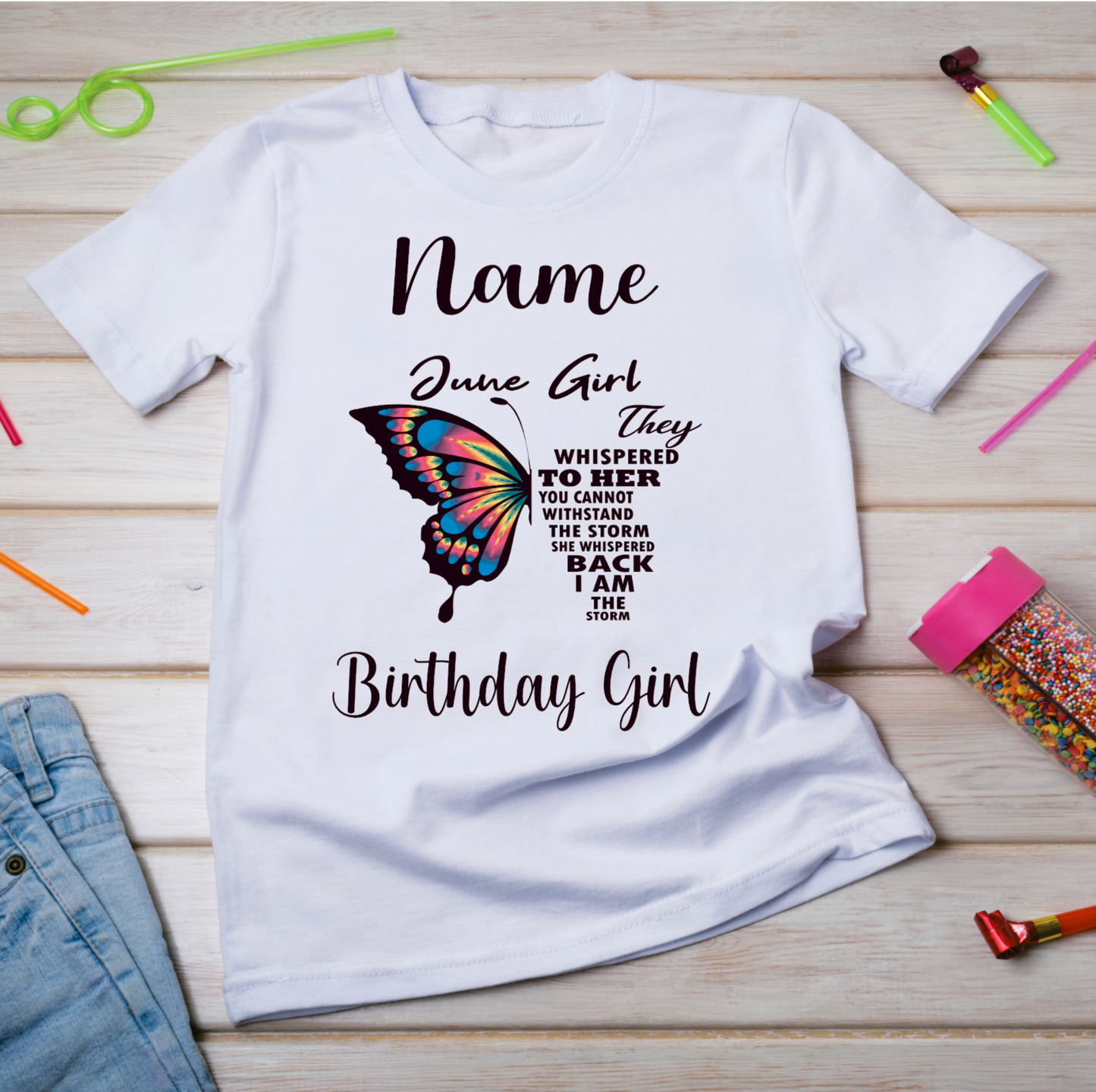 Personalised Kids Birthday T-shirt June Girl Butterfly