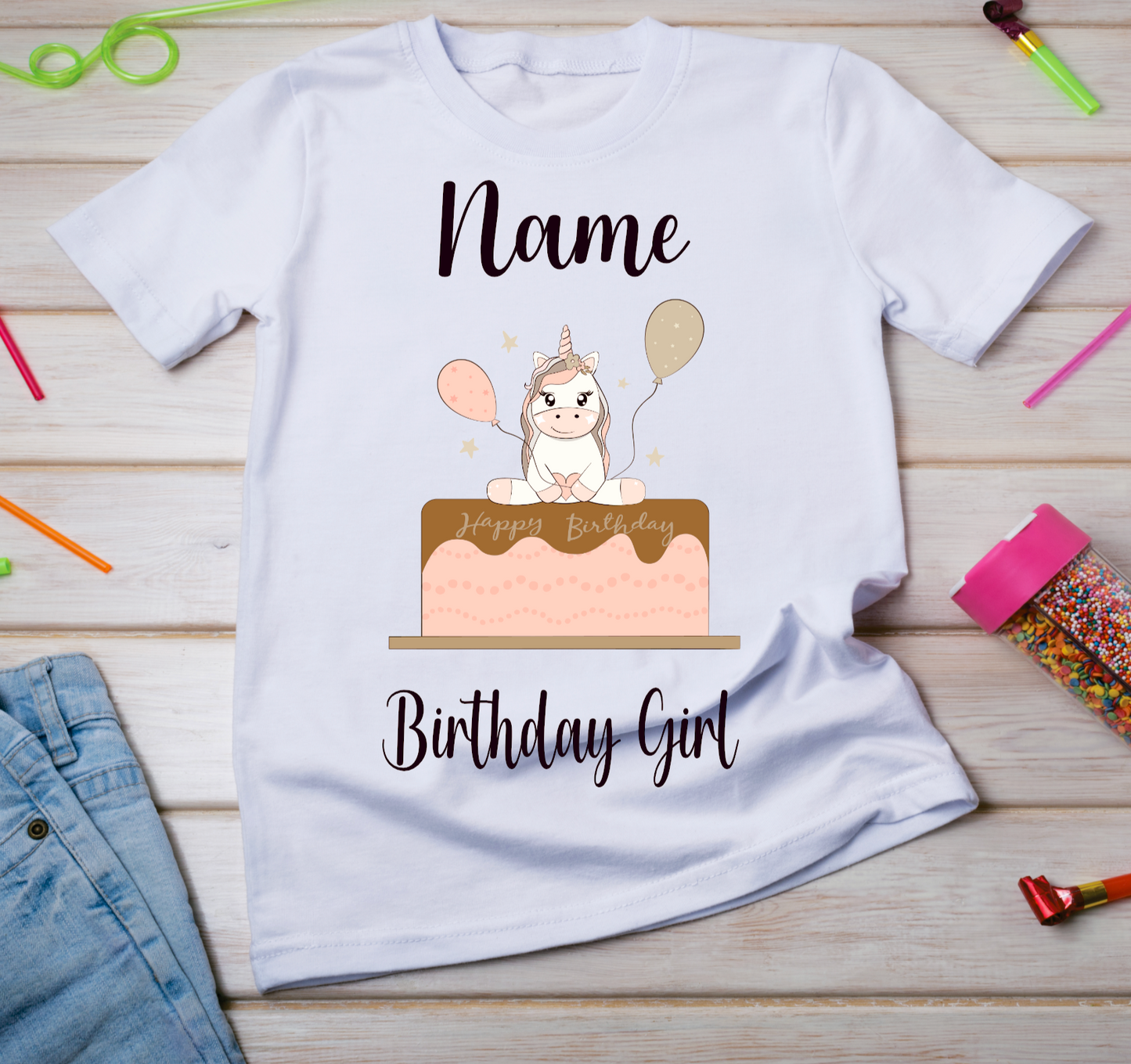 Personalised Kids Birthday T-shirt Unicorn Cake