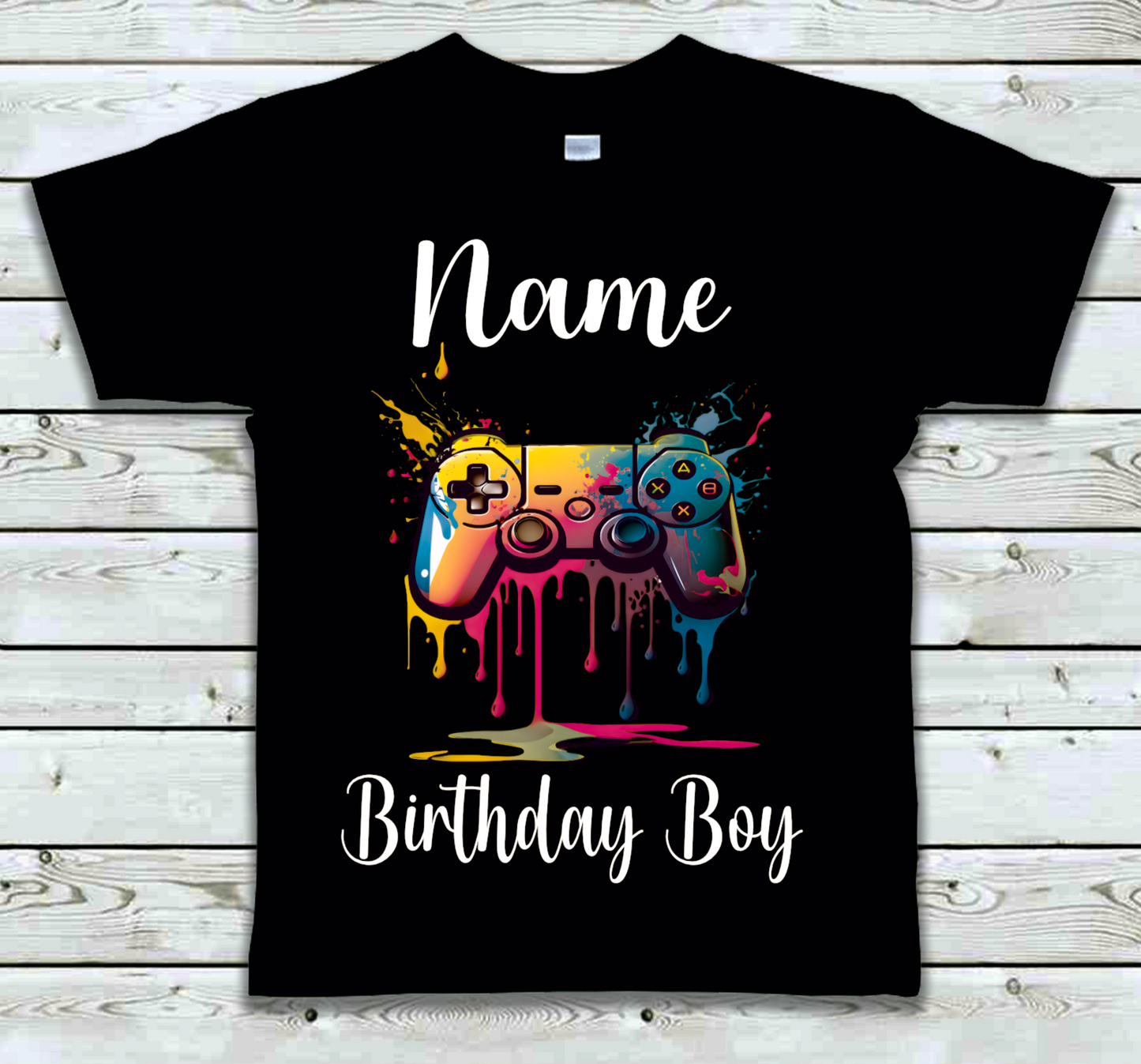 Personalised Kids Birthday T-shirt Gaming Remote Drip