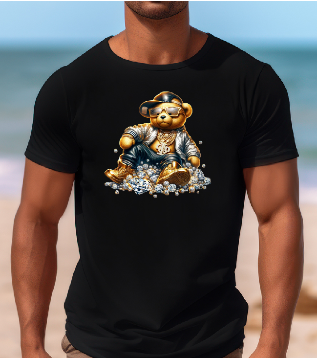 Mens T-shirt Cool Bear with Diamonds and Hat
