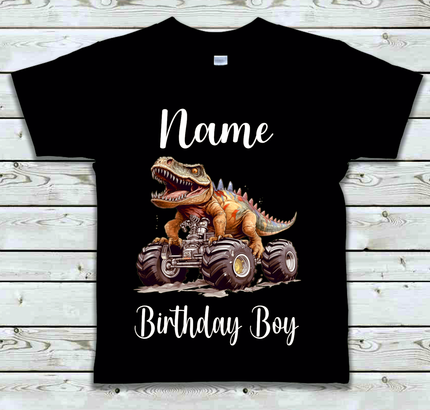 Personalised Kids Birthday T-shirt Dinosaur trucks