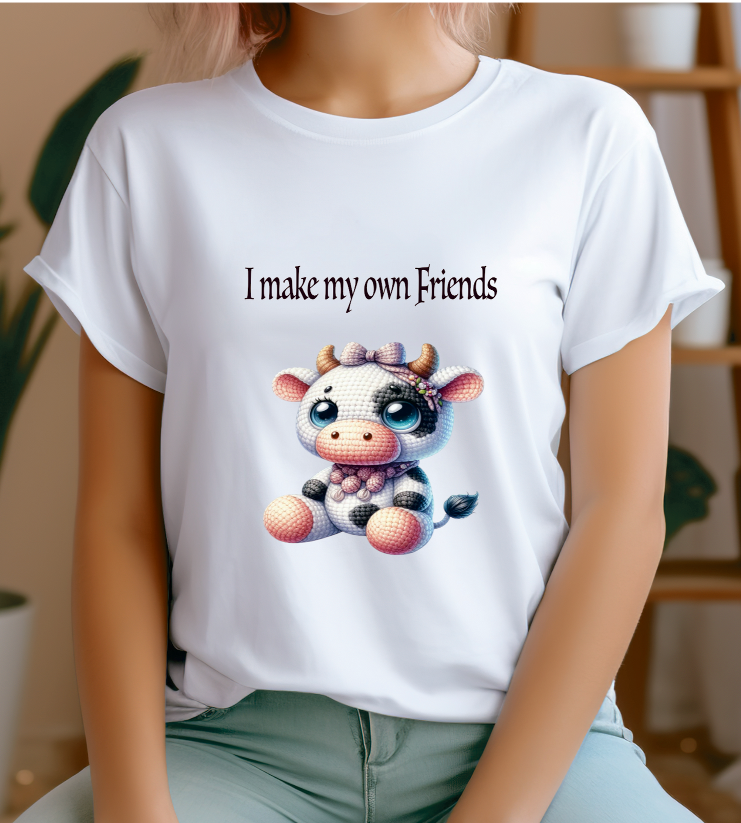 Woman's T-shirt I make my own friends crochet moo cow