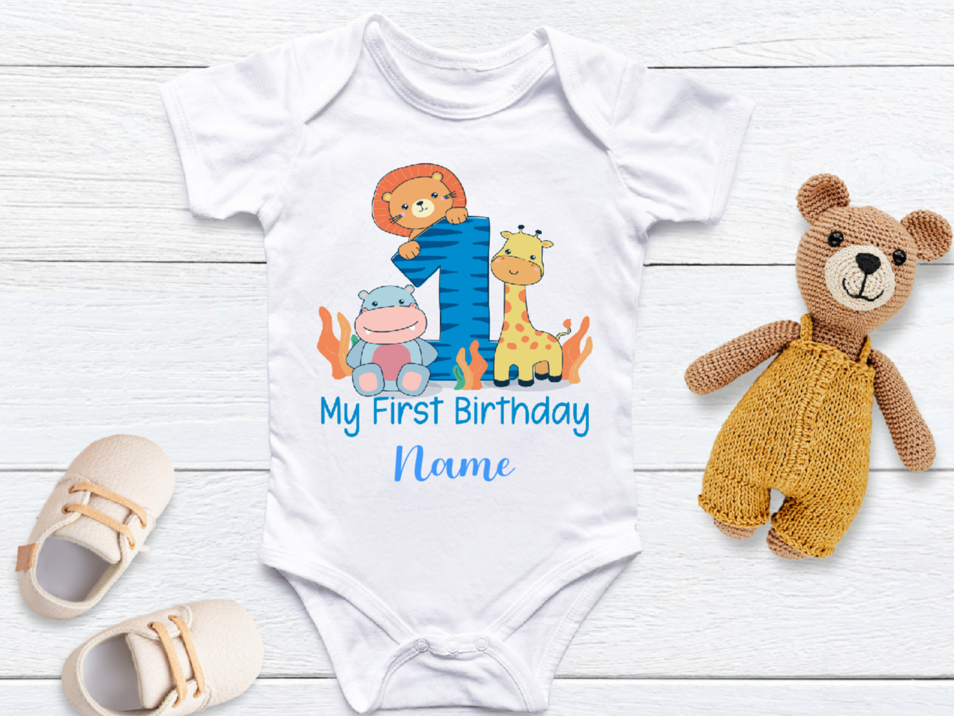 Personalised Baby's 1st birthday vest Safari Animals